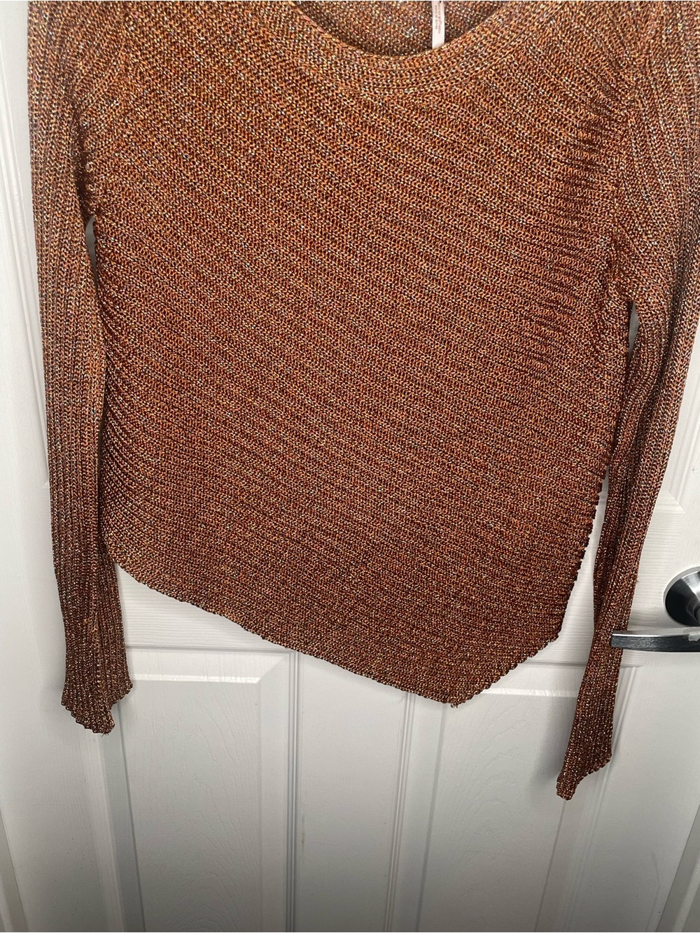 Free People Logan Metallic Knit Asymmetrical Sweater Holiday in Copper/Brown L - Picture 6 of 15